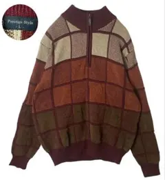 レトロ 異素材切り替え ハーフジップ スウェット 茶 M ヴィンテージ 