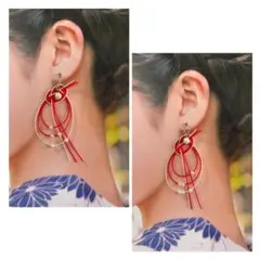 あわじ結びのピアス　水引アクセサリー　赤　【ハンドメイド】