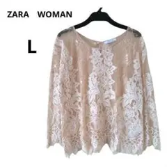 ZARA WOMAN 総花柄レースブラウス L シアー スカラップ 　美品のサムネイル
