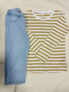 ストライプ長袖カットソーと水色ジーンズ七分丈 130 無印良品