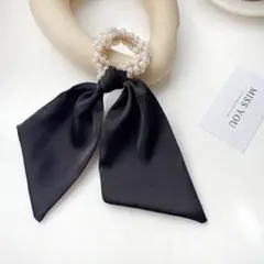 ブラック　ヘアゴム　リボン　パール　ヘアアクセサリー　韓国　2way　お洒落　黒