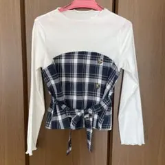 ホワイト•ネイビー　チェック柄　トップス　リボン　長袖