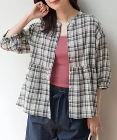 【⭐️セール⭐️秋服】チェック柄 ブラウス 六分袖　ギャザー　６分袖ペプラムブラウス
