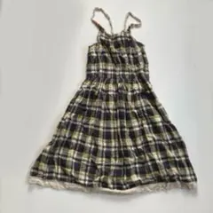 森ガール チェックキャミワンピース ビーズストラップ レース レイヤード Y2K