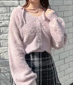 INGNI フェザーショート丈ニットカーディガン＋肩リボンキャミセット　ピンク