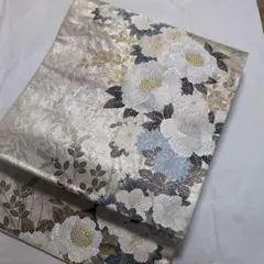 【三花】袋帯　アンティーク　引箔　正絹　花柄　袋帯