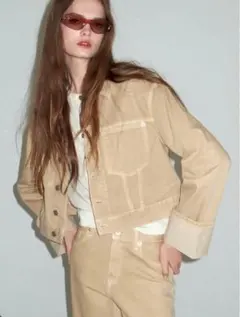 ZARA ザラ　クロップドデニムジャケット　ベージュ　ウォッシュ加工　Mサイズ