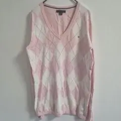 TOMMY トミーヒルフィガー アーガイル Vネックニット【XS】ピンク