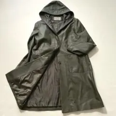 【本革】ビンテージ 羊革 ロングレザーコート フード M〜L ダークグリーン