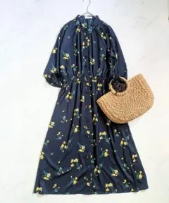 index 花柄 ロング ワンピース 長袖 バンドカラー インデックス ネイビー