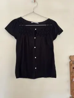 chambre de charme フレンチ袖レースカーディガン 黒のサムネイル