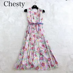 極美品✨Chesty フラワープリーツワンピース ベルト付き ノースリーブ S