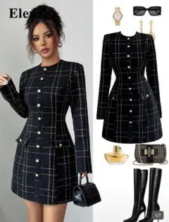 エレガントなチェック柄ミニドレス