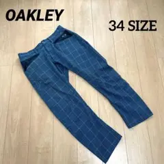 オークリー ゴルフパンツ　34サイズ　ブルー　チェック柄　刺繍ロゴ　ゴルフウェア