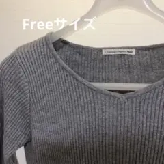 リブ編みグレーVネック長袖セーター