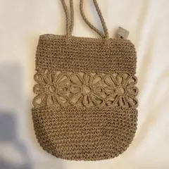 ベージュ系 ペーパー編み フラワーデザイン ショルダーバッグ