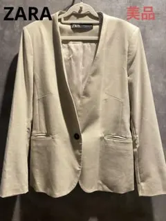 【美品】ZARA ベージュ ノーカラージャケット　レディース　Lサイズ