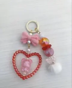 ビーズ ハンドメイド キーホルダー あか リボン ハート くま