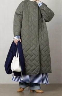 オリーブグリーン キルティングジャケット ロング丈