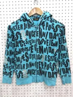 平成 キッズ ギャル 古着ラメ英字 総柄 ジップアップ スウェット パーカー