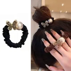 蝶々 パール ビジュー ヘアゴム シュシュ ヘアアクセサリー HT022