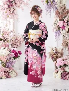 未使用に近い 正絹振袖フルセット 黒 ピンク 花柄 成人式に - メルカリ