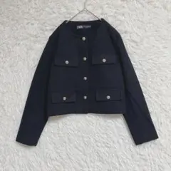 【ZARA】ザラ ノーカラージャケット (L) ショート丈 クロップド 金ボタン