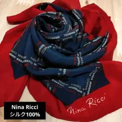 Nina Ricci ネイビー レッド ロゴ☆シルク100%スカーフ