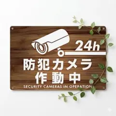 보안 표지판, 작동 중인 보안 카메라, 24시간 감시, 나뭇결 금속 표지판, 알루미늄 벽걸이