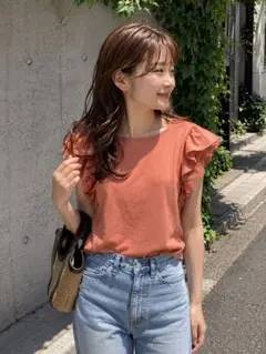 ぽ*ん様 新品ingni 袖レースフリルTシャツ　オレンジブラウン