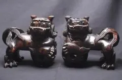 木彫 獅子 狛犬 一対 玉持ち 中玉入り 透かし彫り 置物 魔除け 縁起物