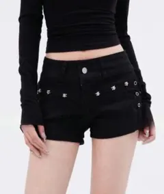 lilful スカルスタッズ付きデザインデニムショートパンツ BLK
