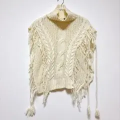 ✨️一点物‼️ フリンジ ニット ポンチョ ケーブル編み タートルネック アイボリー