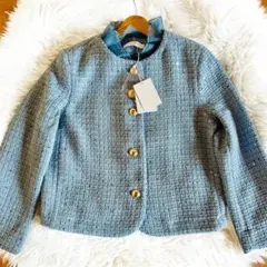 ドゥクラッセ　ツイーディジャカード・異素材コンビジャケット　7 水色　ノーカラー