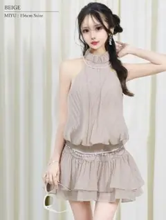 AngelR ベージュ ハイネック フリル ナイトドレス