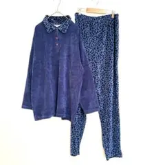 【DAMART】ブルー ヒョウ柄 セットアップ ルームウエア ベロア風 綿混　M