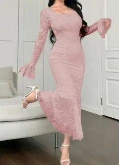 レース マーメイドライン ワンピース ピンク