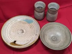 小石原焼 飛び鉋 4点セット 陶器 民藝 和食器 伝統工芸 中皿 取り皿 