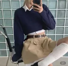 Shine ネイビー クロップドニットセーター 長袖