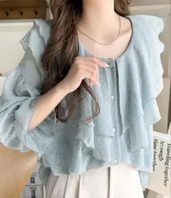 【新品】前後2wayラッフルフリルビッグカラーシアー素材ブラウスのサムネイル