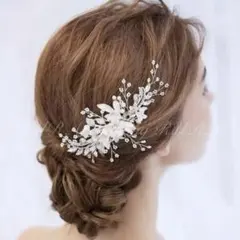 お花ヘッドドレス　フラワー　シルバー　髪飾り結婚式ブライダルウェディング和装新品
