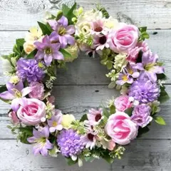 フラワーリース★玄関リース★バラとユリのリース★ピンクとラベンダーカラー