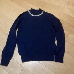 ネイビーパールビジュー長袖ニットハイネックアースミュージックアンドエコロジーS