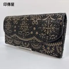 【印傳屋】インデンヤ　長財布　L字ファスナー　フラップ　総柄　鹿革　ブラック　黒のサムネイル