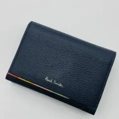 美品】ポールスミス　三つ折り財布　ネイビー　レザー　マルチストライプ　コンパクト