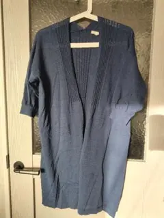 studioCLIP　夏向き　えり透かし編みロングカーディガン　濃紺　袖短め　М