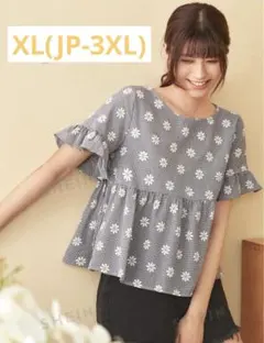 半袖 フリル 花柄 カットソー ブラウス【XL(JP-3XL)】
