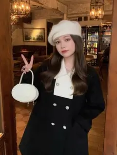 未使用に近いウールダブルブレストコート 黒と白サイズS～M胸幅100cm