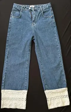 デニムブルー ワイドレッグパンツ レース付き