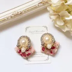 新作 ビジュー 青 刺繍リボン チロリアンテープ リボン ピアス